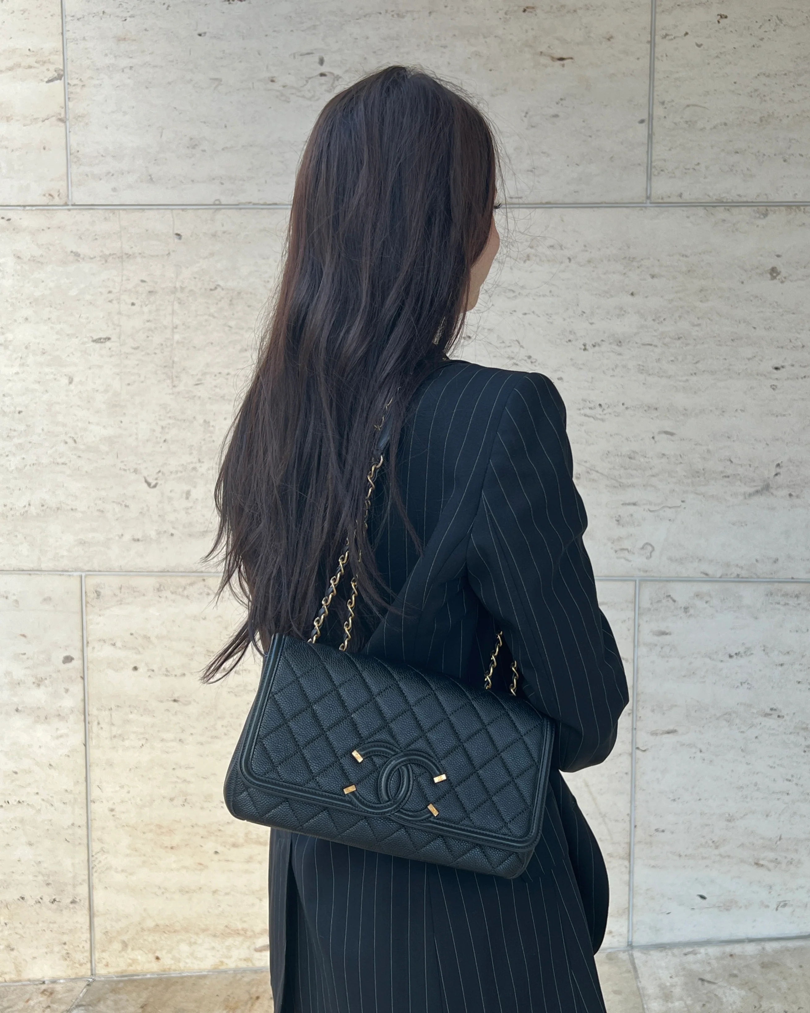 Chanel Black Quilted Caviar Leather Medium Filigree Flap Bag - Image 9